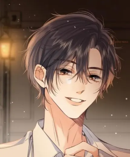 Manga art: Young man with dark hair staring at you smiling