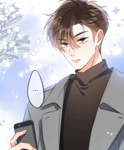 Manga art: Young man with brown hair holds a cellphone in his right hand and looks at you