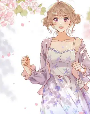 Young manga-art girl walking towards you wearing violet dress
