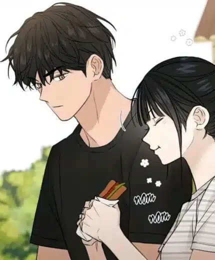 The dawn to come manga scene of a a young girl eating a sandwich while a young boy looks at her